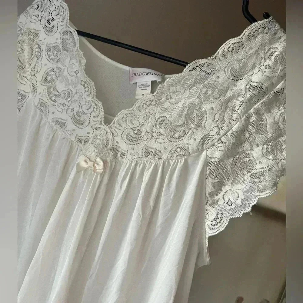 Vintage grannycore coquette ivory bow lace chemise slip dress lingerie nightie - Picture 11 of 13